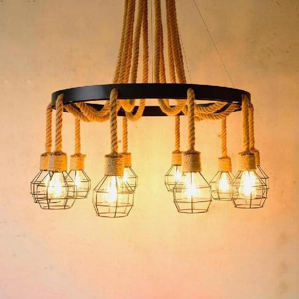 4/6 Bulbs Dome Cage Ceiling Light Retro Style Brown Rope and Metal Chandelier for Hallway - Rebooters