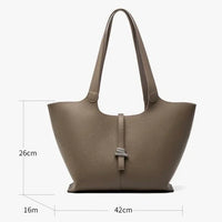 Taupe leather tote bag with top handles, measured 42x26x16cm, against white background.