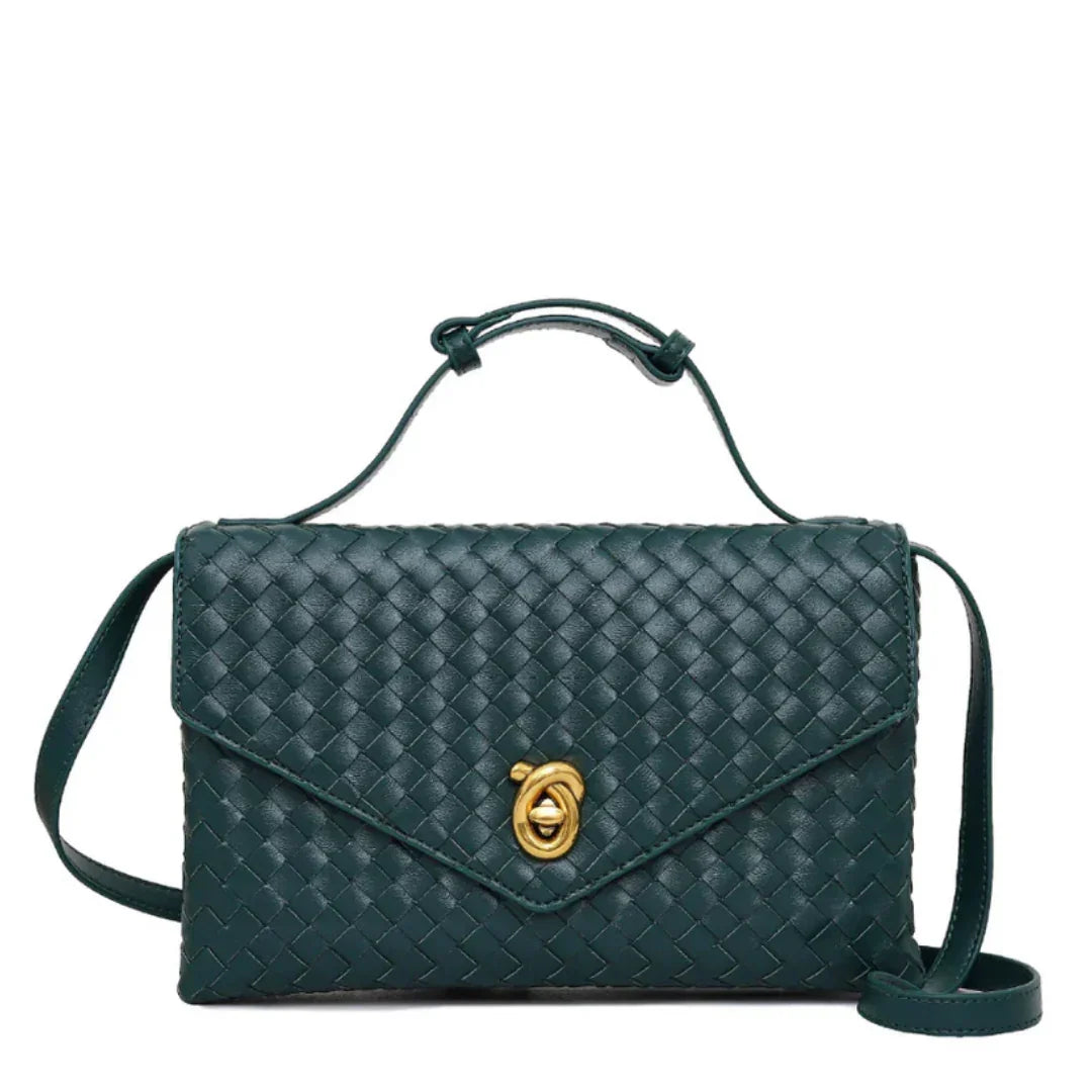 Dark green woven leather crossbody bag with gold twist lock and top handle