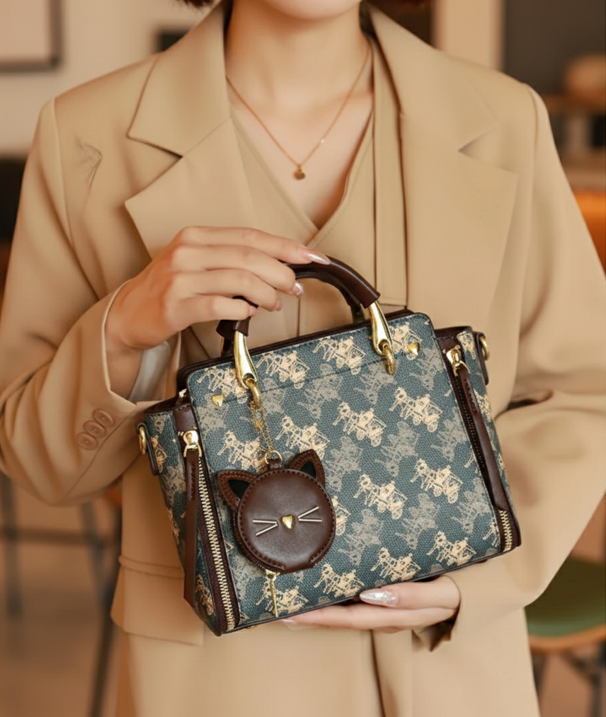 Person holding a patterned handbag with a cat face charm