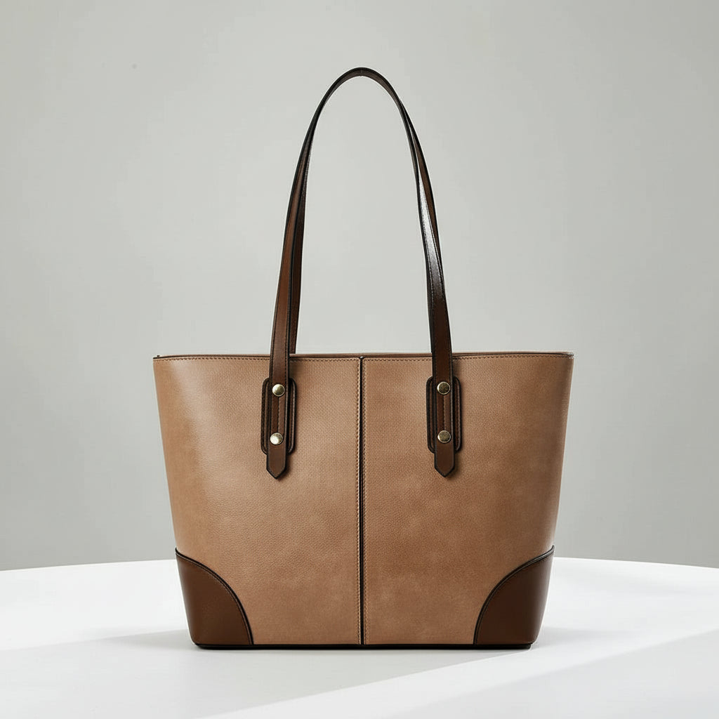 Brown leather tote bag with dark handles on white table, minimalist background