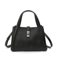 Elegant black leather handbag with top handles, silver clasp, and adjustable strap on white background