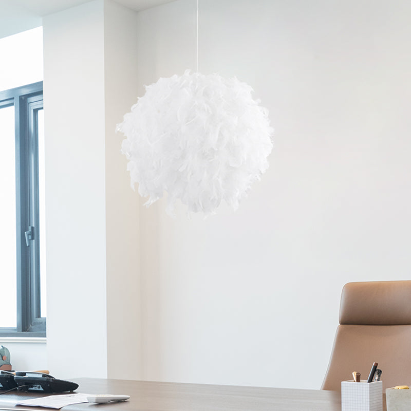 3/4 Lights Bedroom Ceiling Pendant Light Modernist White Chandelier Lamp with Feather Ball Fabric Shade - Rebooters