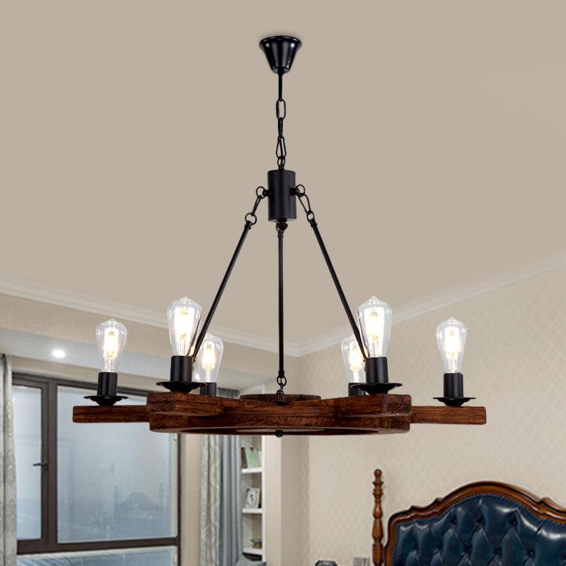 6 Lights Rudder Chandelier Light Fixture Country Brown Wood - Rebooters