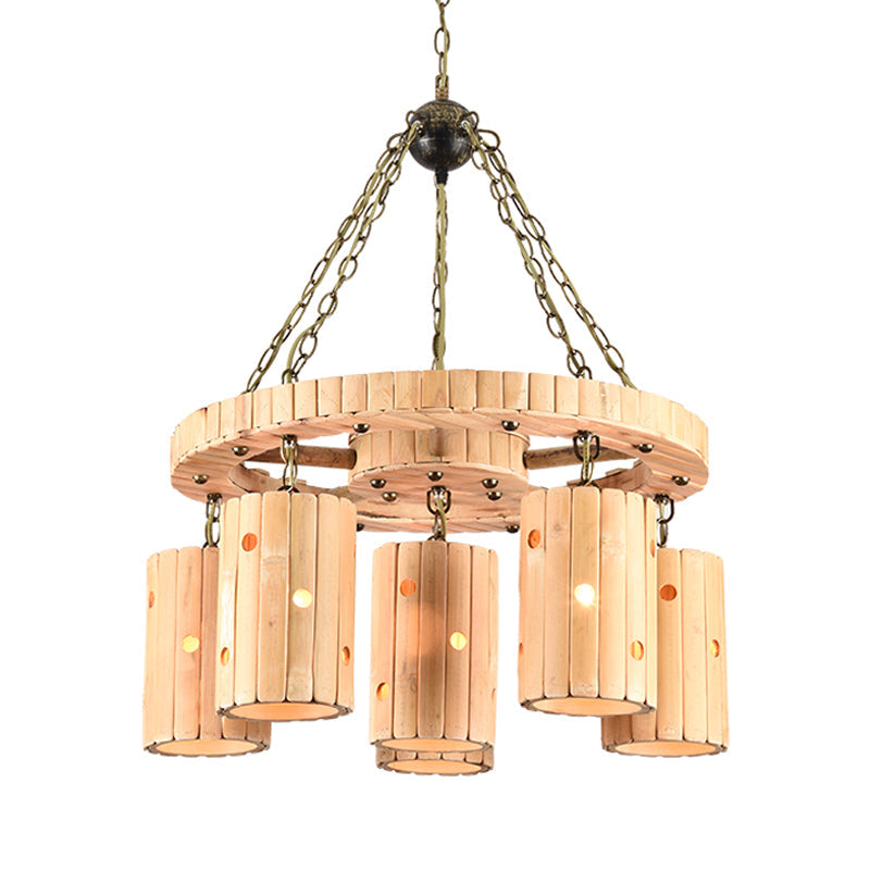 Beige Etched Cylinder Hanging Chandelier Farmhouse Bamboo - Rebooters