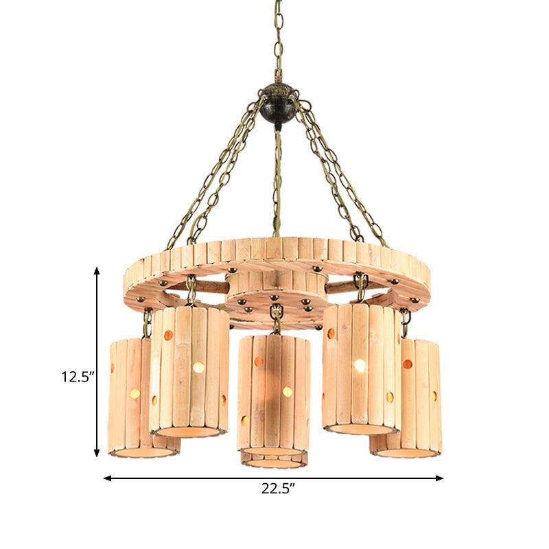 Beige Etched Cylinder Hanging Chandelier Farmhouse Bamboo - Rebooters