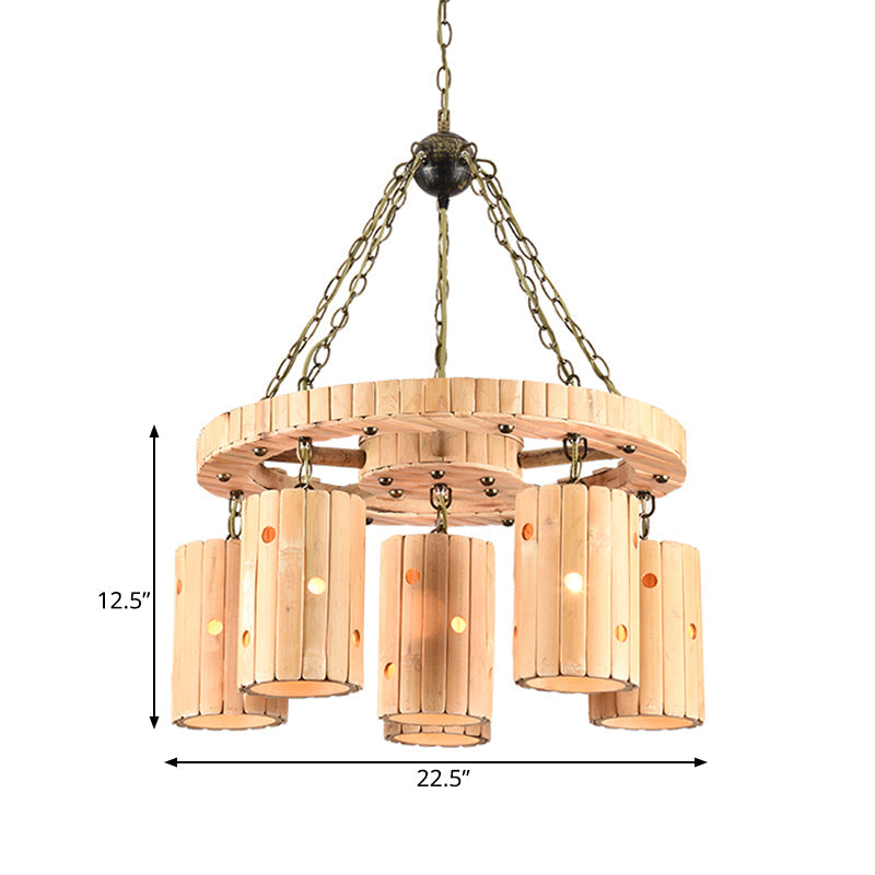 Beige Etched Cylinder Hanging Chandelier Farmhouse Bamboo - Rebooters