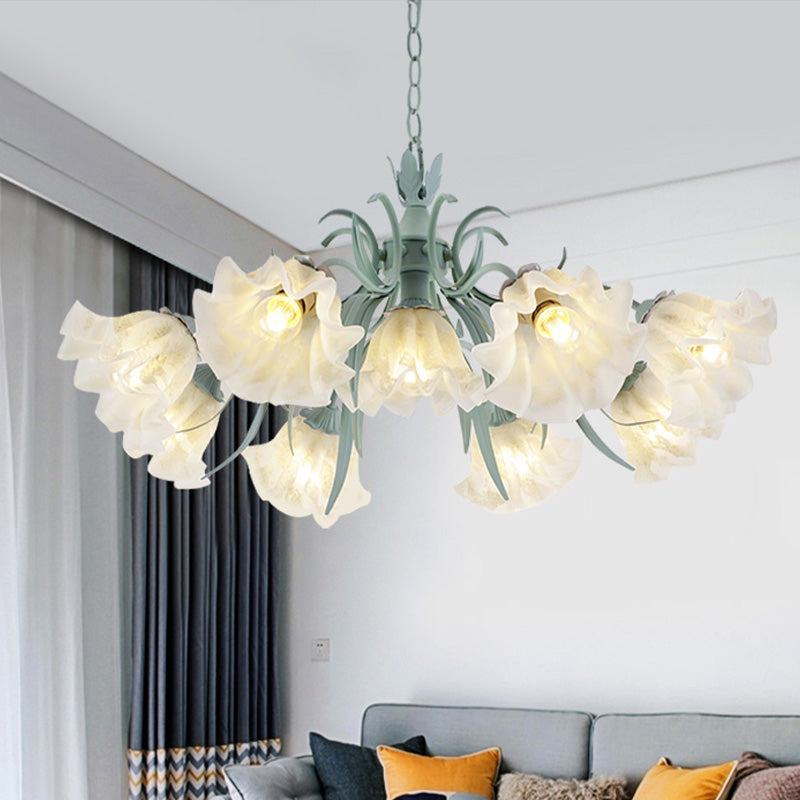 Scalloped Restaurant Hanging Chandelier Korean Garden Milky Glass 3/6/9-Head Blue Pendant - Rebooters