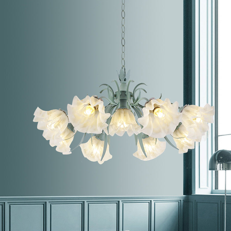 Scalloped Restaurant Hanging Chandelier Korean Garden Milky Glass 3/6/9-Head Blue Pendant - Rebooters