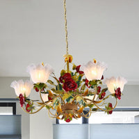 6/8 Heads Ceiling Hang Fixture Countryside Bloom Ivory Glass Pendant Chandelier in Light Tan - Rebooters