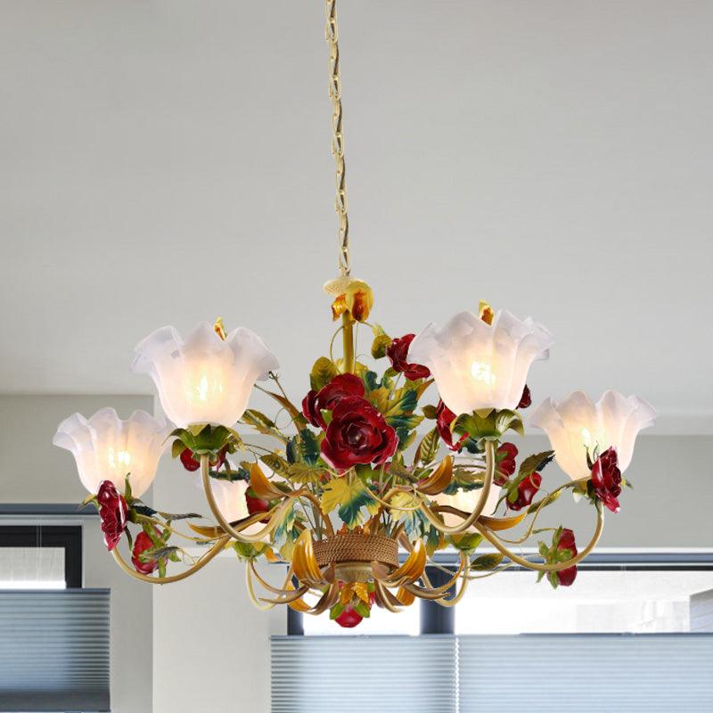 6/8 Heads Ceiling Hang Fixture Countryside Bloom Ivory Glass Pendant Chandelier in Light Tan - Rebooters