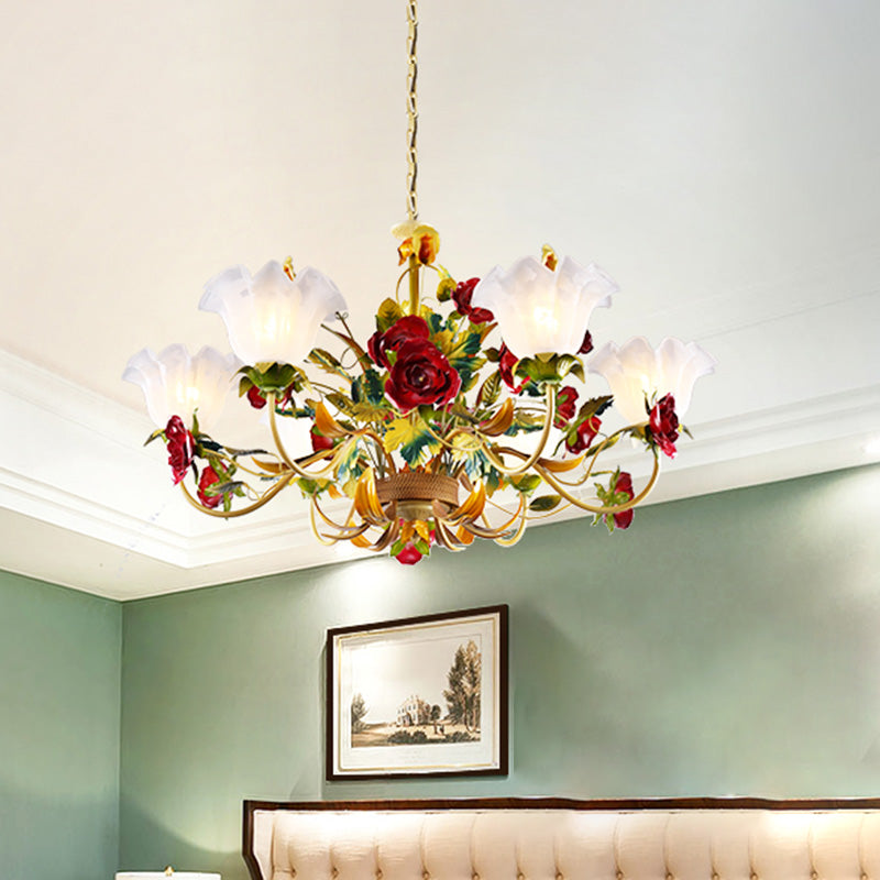 6/8 Heads Ceiling Hang Fixture Countryside Bloom Ivory Glass Pendant Chandelier in Light Tan - Rebooters