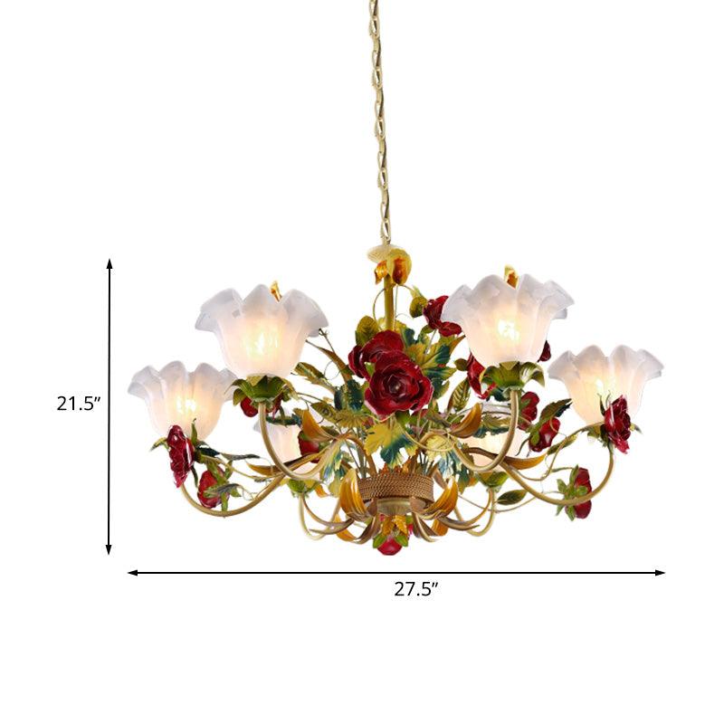 6/8 Heads Ceiling Hang Fixture Countryside Bloom Ivory Glass Pendant Chandelier in Light Tan - Rebooters