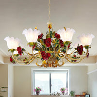 6/8 Heads Ceiling Hang Fixture Countryside Bloom Ivory Glass Pendant Chandelier in Light Tan - Rebooters