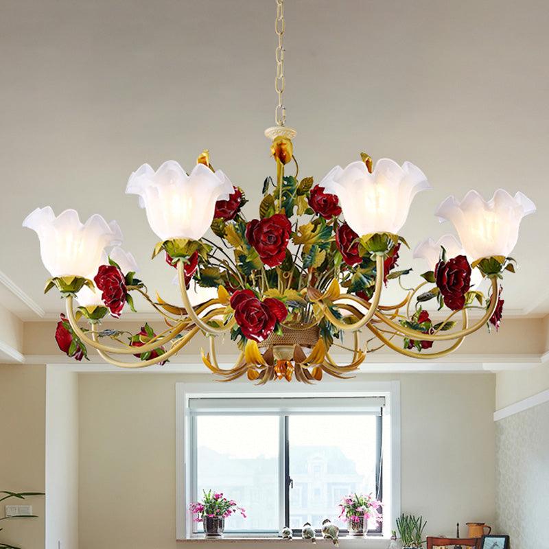6/8 Heads Ceiling Hang Fixture Countryside Bloom Ivory Glass Pendant Chandelier in Light Tan - Rebooters