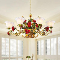 6/8 Heads Ceiling Hang Fixture Countryside Bloom Ivory Glass Pendant Chandelier in Light Tan - Rebooters