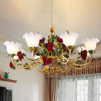 6/8 Heads Ceiling Hang Fixture Countryside Bloom Ivory Glass Pendant Chandelier in Light Tan - Rebooters