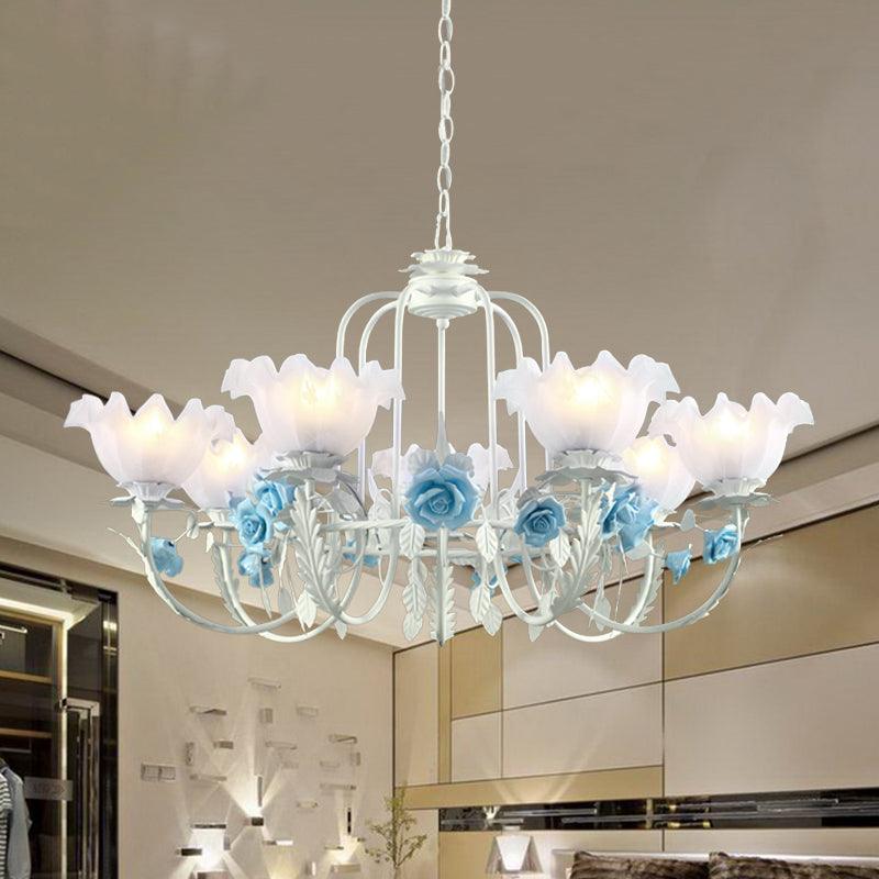 Blue Rose Hanging Pendant Korean Garden White Glass Chandelier - Rebooters