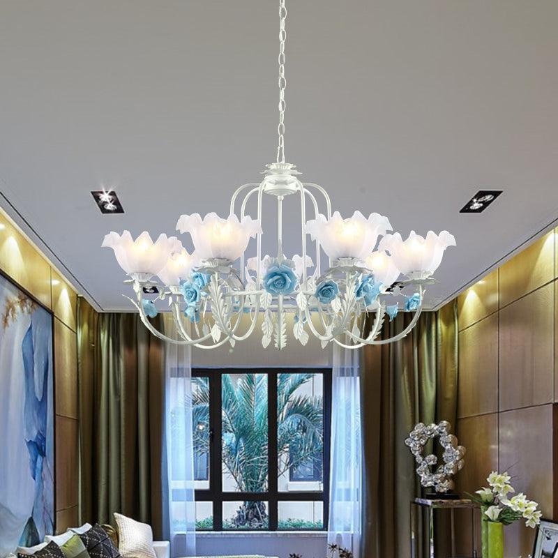 Blue Rose Hanging Pendant Korean Garden White Glass Chandelier - Rebooters