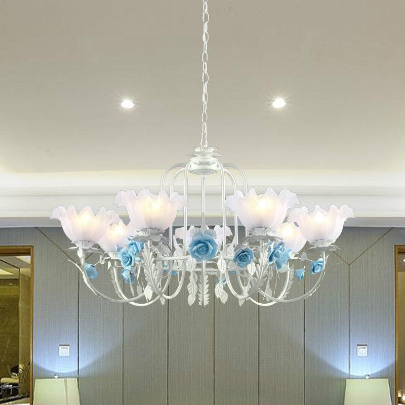 Blue Rose Hanging Pendant Korean Garden White Glass Chandelier - Rebooters