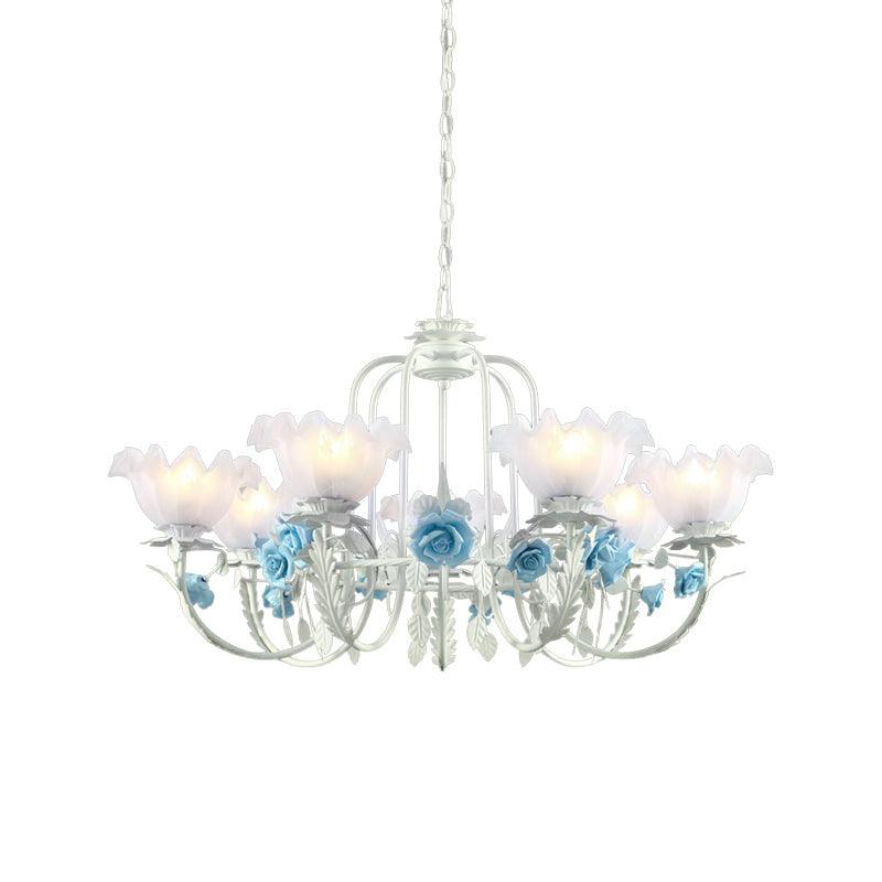 Blue Rose Hanging Pendant Korean Garden White Glass Chandelier - Rebooters