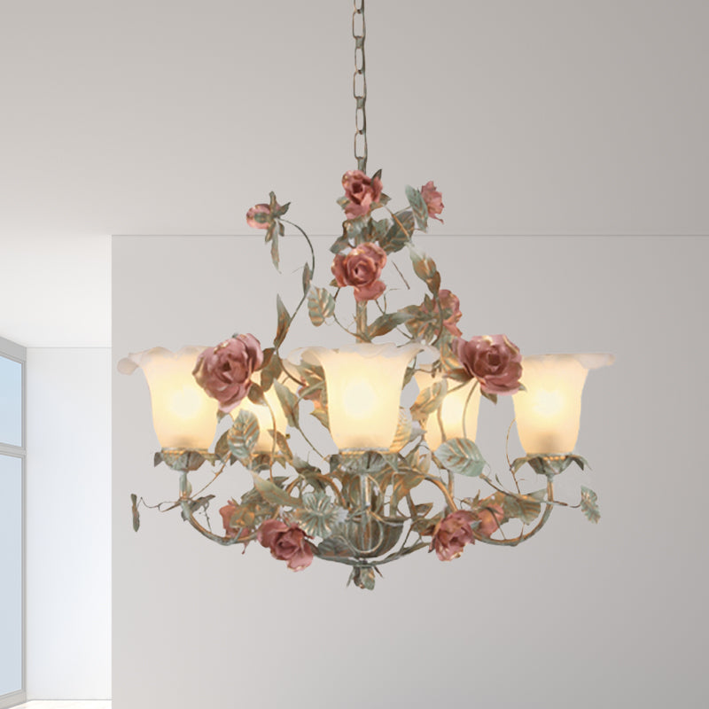 Countryside Curved Arm Suspension Lighting 3/5/6 Heads Chandelier in Blue Green - Rebooters