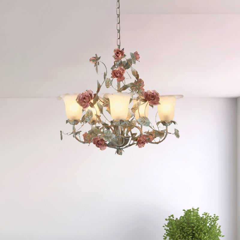 Countryside Curved Arm Suspension Lighting 3/5/6 Heads Chandelier in Blue Green - Rebooters