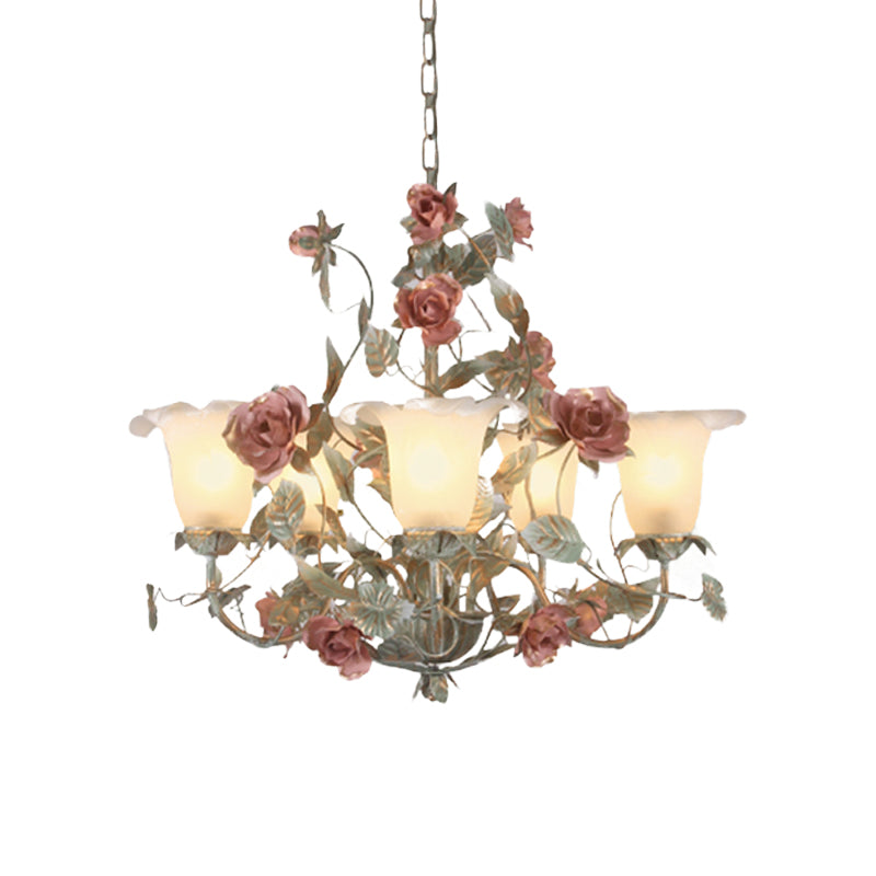 Countryside Curved Arm Suspension Lighting 3/5/6 Heads Chandelier in Blue Green - Rebooters