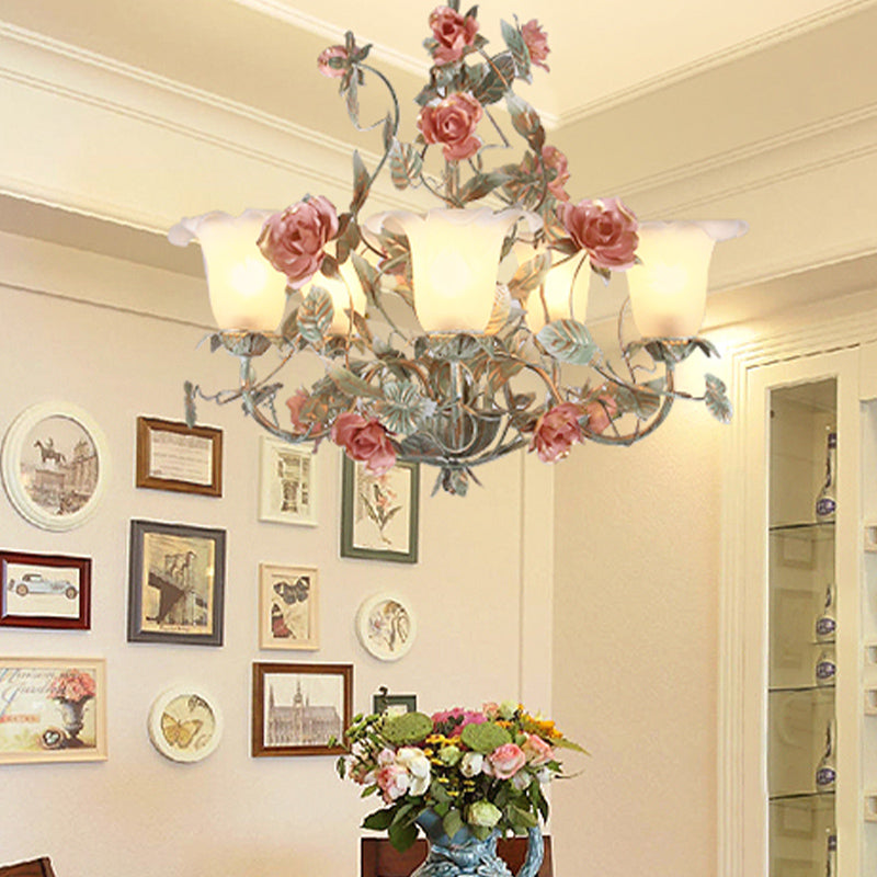 Countryside Curved Arm Suspension Lighting 3/5/6 Heads Chandelier in Blue Green - Rebooters