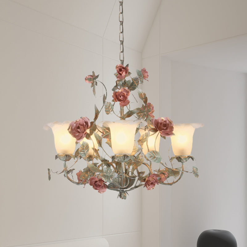Countryside Curved Arm Suspension Lighting 3/5/6 Heads Chandelier in Blue Green - Rebooters