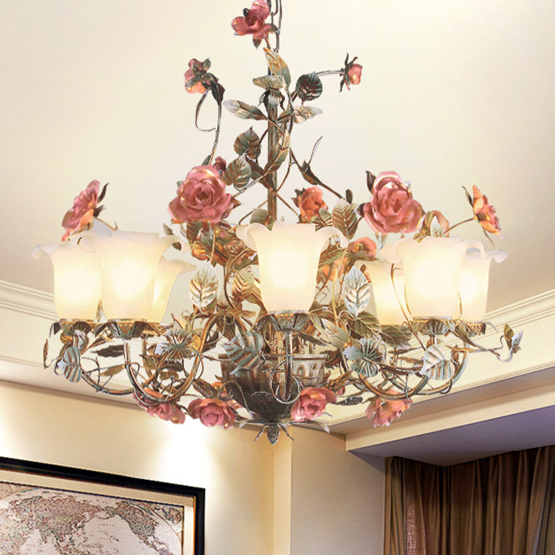 Countryside Curved Arm Suspension Lighting 3/5/6 Heads Chandelier in Blue Green - Rebooters