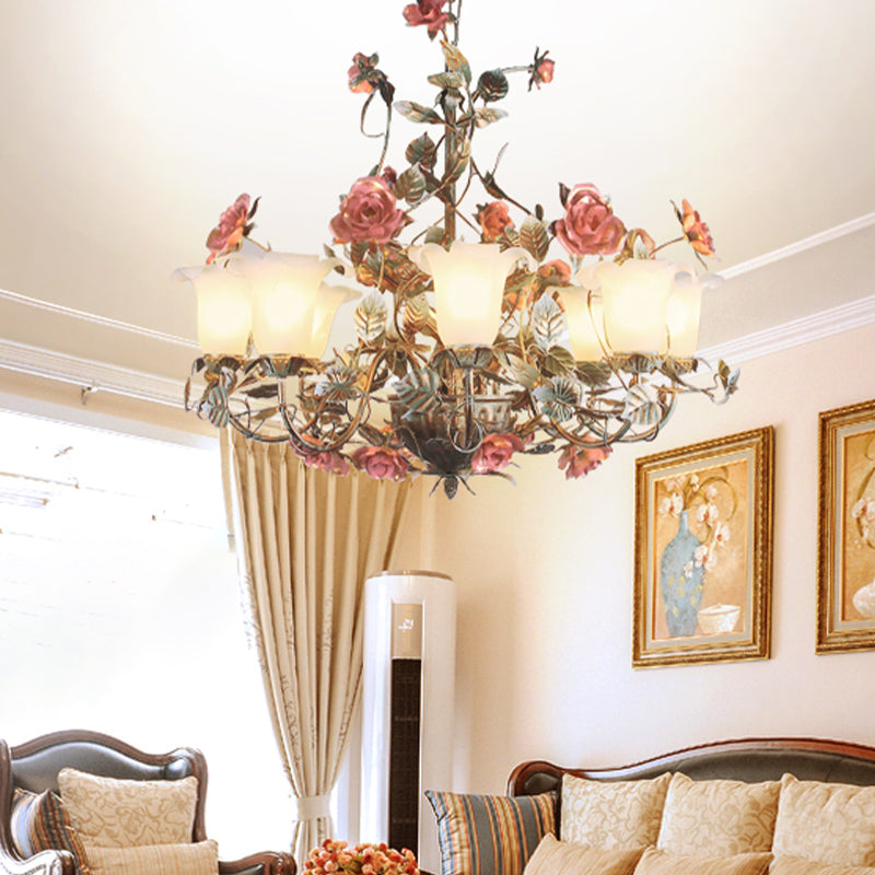 Countryside Curved Arm Suspension Lighting 3/5/6 Heads Chandelier in Blue Green - Rebooters
