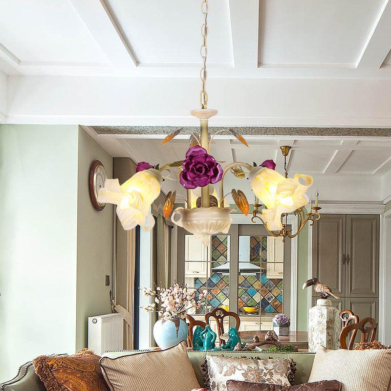 Purple Floral Ceiling Light Countryside White Glass Chandelier - Rebooters
