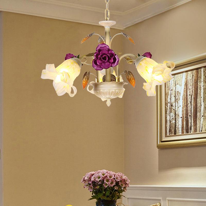 Purple Floral Ceiling Light Countryside White Glass Chandelier - Rebooters