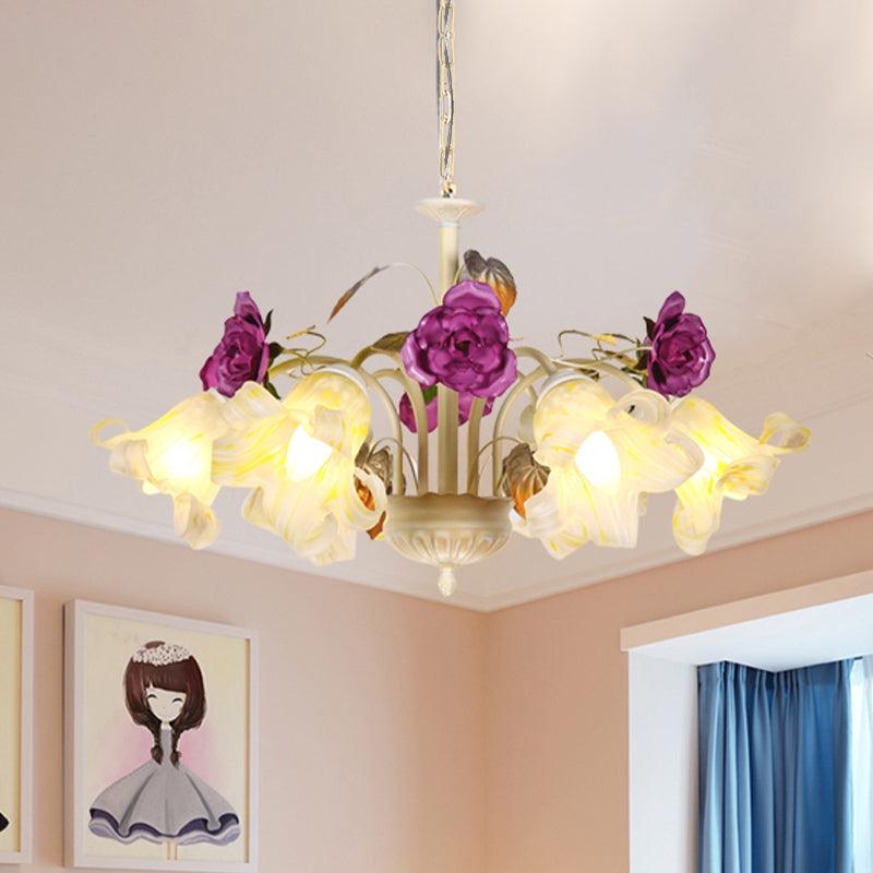 Purple Floral Ceiling Light Countryside White Glass Chandelier - Rebooters