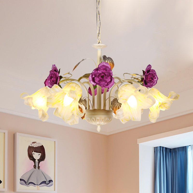 Purple Floral Ceiling Light Countryside White Glass Chandelier - Rebooters