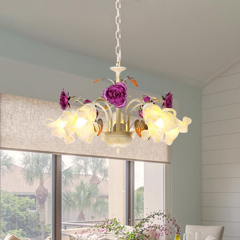 Purple Floral Ceiling Light Countryside White Glass Chandelier - Rebooters