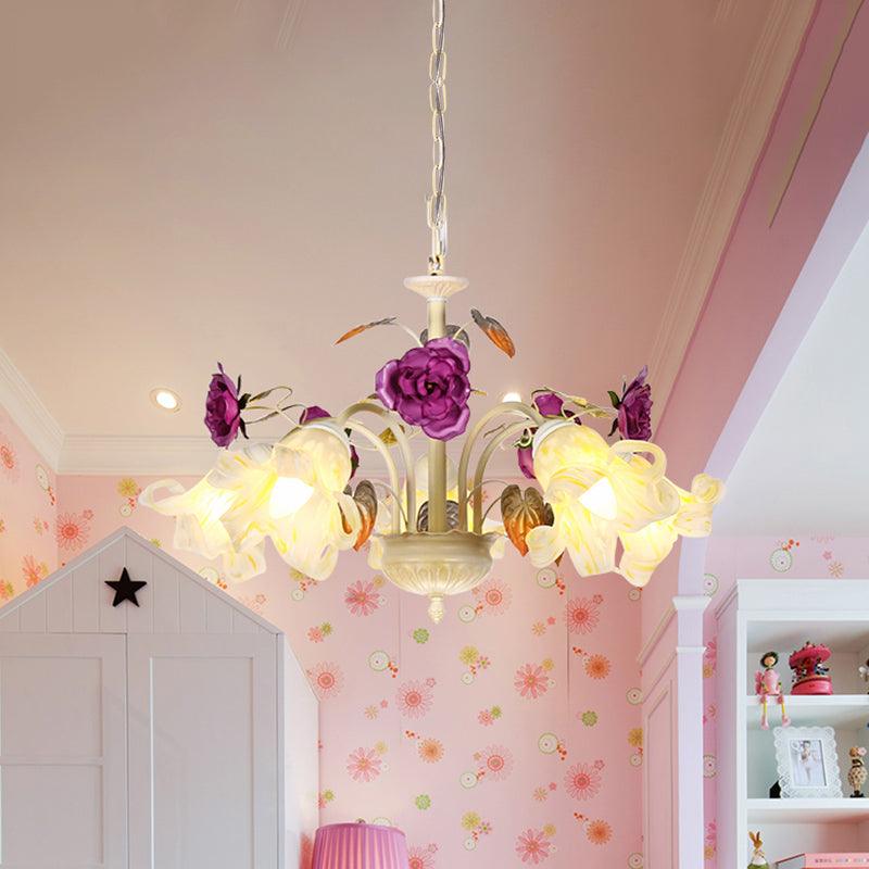 Purple Floral Ceiling Light Countryside White Glass Chandelier - Rebooters