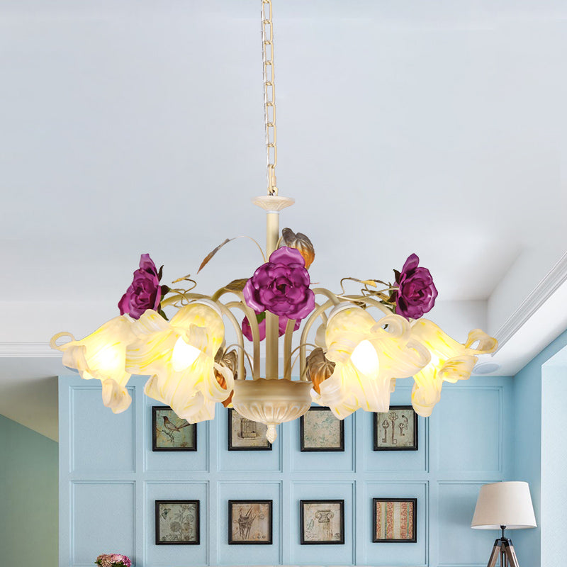 Purple Floral Ceiling Light Countryside White Glass Chandelier - Rebooters