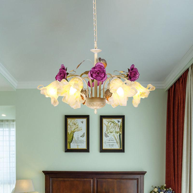 Purple Floral Ceiling Light Countryside White Glass Chandelier - Rebooters