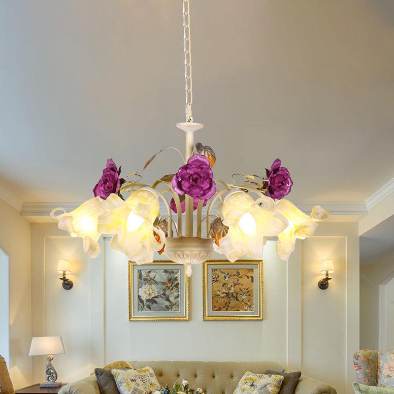 Purple Floral Ceiling Light Countryside White Glass Chandelier - Rebooters