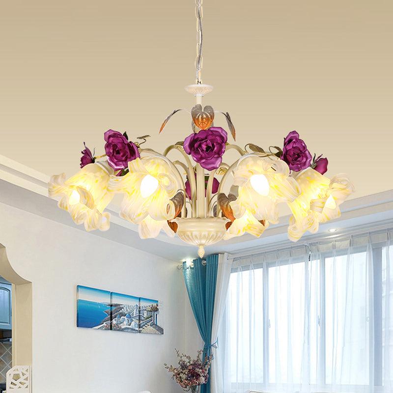 Purple Floral Ceiling Light Countryside White Glass Chandelier - Rebooters