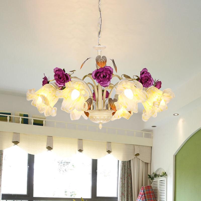 Purple Floral Ceiling Light Countryside White Glass Chandelier - Rebooters