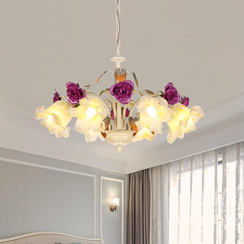 Purple Floral Ceiling Light Countryside White Glass Chandelier - Rebooters