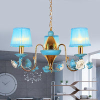3-Light Metal Ceiling Chandelier Korean Flower Blue Gooseneck Arm Pendant - Rebooters