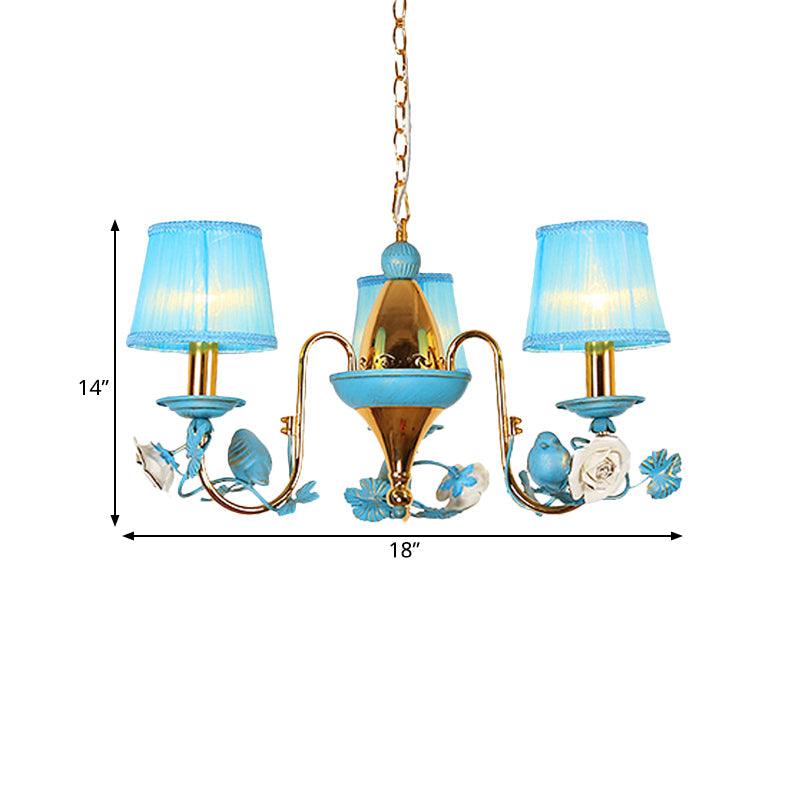 3-Light Metal Ceiling Chandelier Korean Flower Blue Gooseneck Arm Pendant - Rebooters