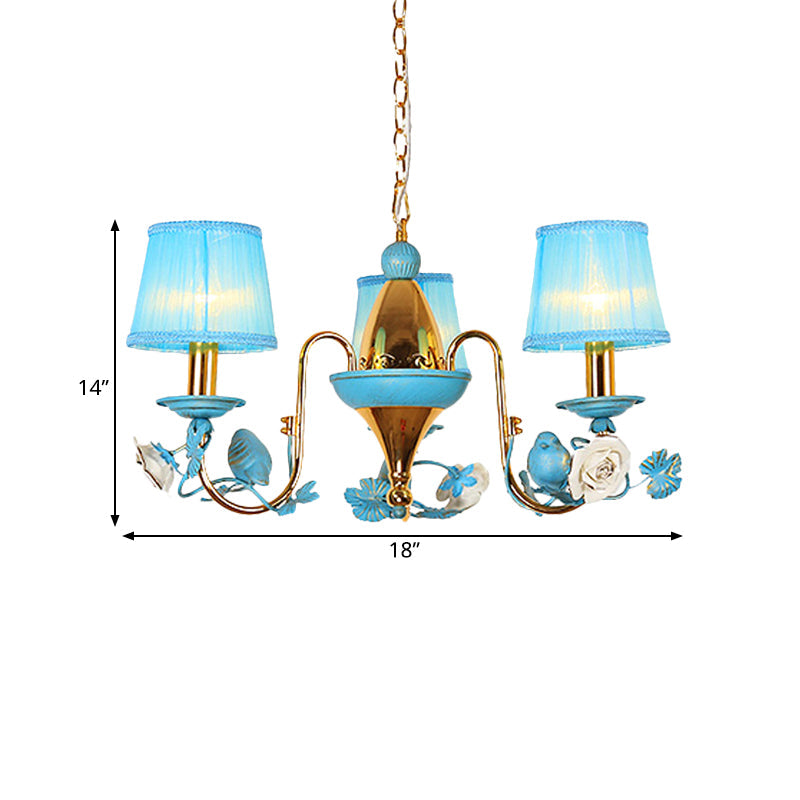 3-Light Metal Ceiling Chandelier Korean Flower Blue Gooseneck Arm Pendant - Rebooters