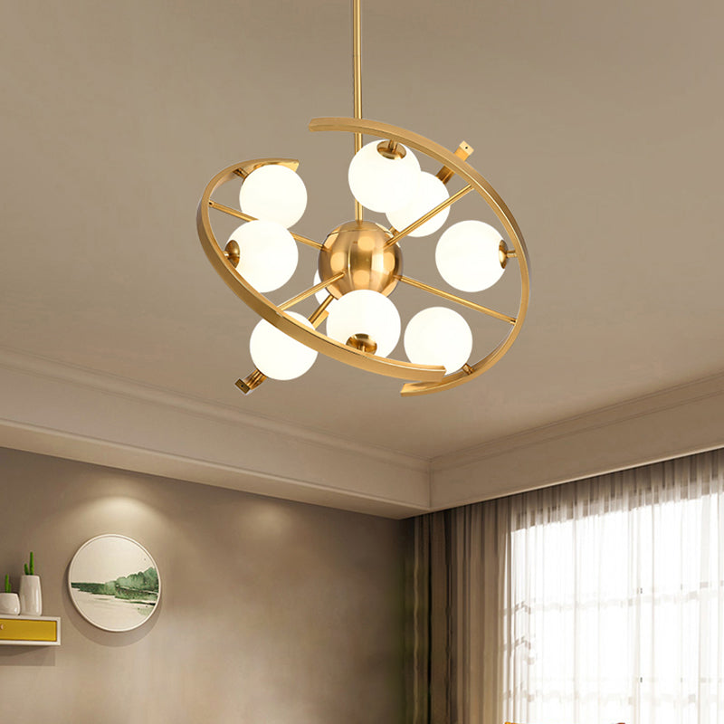 White Frosted Glass Orb Ceiling Chandelier Modern 9-Light Gold Finish - Rebooters