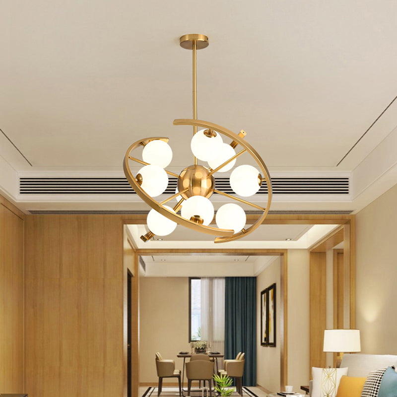 White Frosted Glass Orb Ceiling Chandelier Modern 9-Light Gold Finish - Rebooters