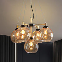 Amber Smoke Grey Glass Spherical Chandelier Light Modernism 5 Heads Black Finish Pendant Lighting Fixture - Rebooters